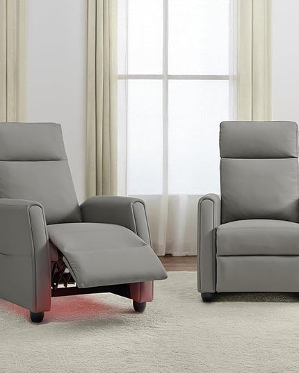 Recliner Chair for Adults PU Leather Push Back Armchair with 4 Colors Ambient Lighting Home Theater Seating with Massage & Heat Vibration Single Sofa for Living Room, Gray - LeafyLoom