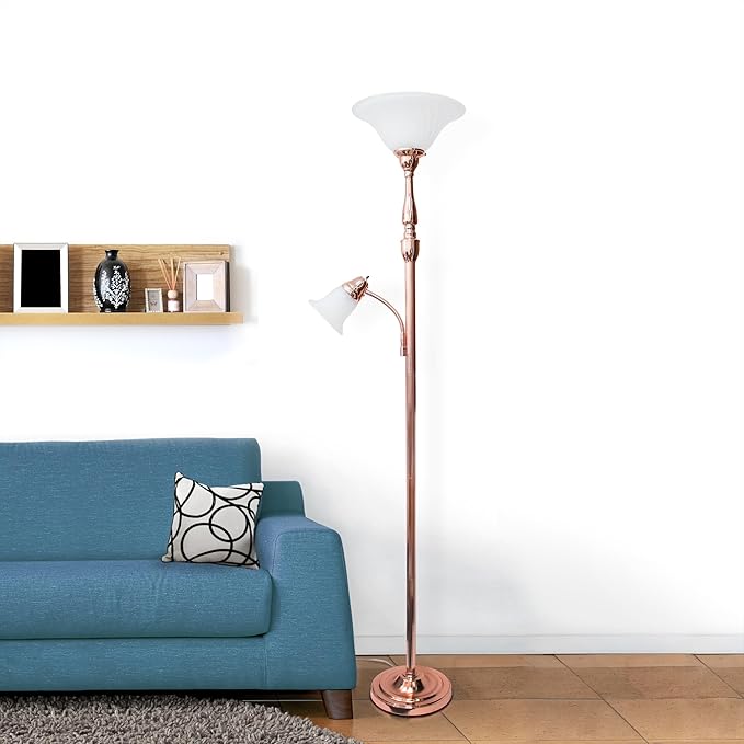 Elegant Designs LF2003-RGD 2 Light Mother Daughter White Marble Glass Floor Lamp, Rose Gold - LeafyLoom