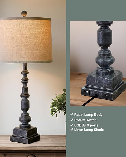 Oneach 27.75” Vintage Farmhouse USB A+C Table Lamps Set of 2 for Living Room Bedroom Traditional Bedside Nightstand Lamp Retro Resin Lamps Linen Shade Nightstand Home Office Antique Black Accent - LeafyLoom