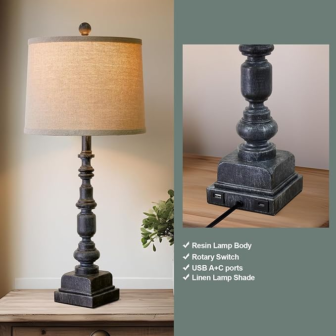Oneach 27.75” Vintage Farmhouse USB A+C Table Lamps Set of 2 for Living Room Bedroom Traditional Bedside Nightstand Lamp Retro Resin Lamps Linen Shade Nightstand Home Office Antique Black Accent - LeafyLoom