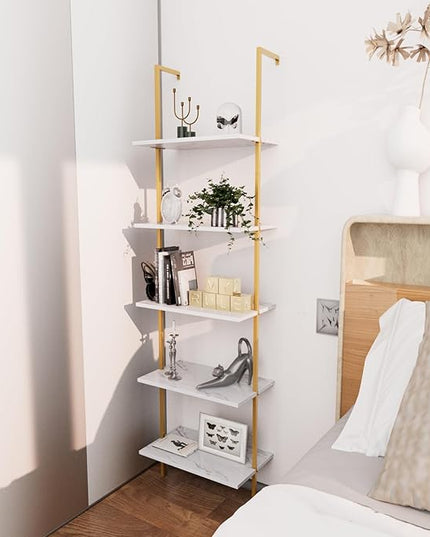 aboxoo Ladder Shelf 5 Tiers Metal Industrial Bookshelf,Small White Faux Marble Wood Tall Open Storage Rack and Display Shelves,Wall Mounted Wide Book Case for Home Office Bedroom - LeafyLoom