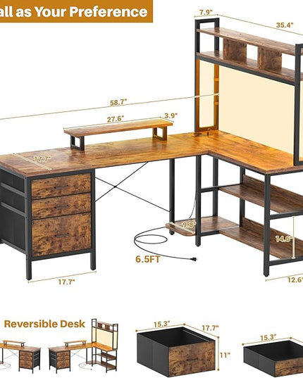Aheaplus L Shaped Desk with Hutch, Gaming Desk with Led Lights, Reversible Computer Desk with Power Outlet, Corner Desk with File Drawer & Monitor Stand, Storage Shelves for Home, F1, Rustic Brown - LeafyLoom