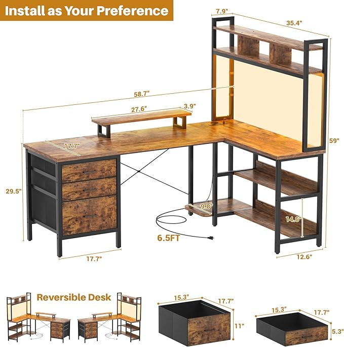 Aheaplus L Shaped Desk with Hutch, Gaming Desk with Led Lights, Reversible Computer Desk with Power Outlet, Corner Desk with File Drawer & Monitor Stand, Storage Shelves for Home, F1, Rustic Brown - LeafyLoom