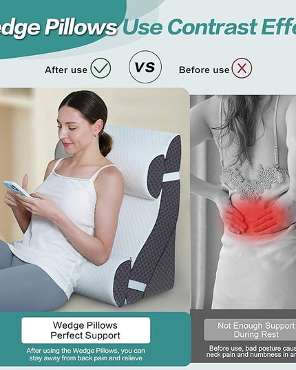 Adjustable 4pcs Bed Wedge Pillow Set, Post Surgery 100% Memory Foam for Back, Neck, Leg Pain Relief, Sitting Pillow for Acid Reflux and GERD, Comfortable Pillows for Sleeping Gray - LeafyLoom