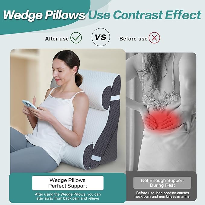 Adjustable 4pcs Bed Wedge Pillow Set, Post Surgery 100% Memory Foam for Back, Neck, Leg Pain Relief, Sitting Pillow for Acid Reflux and GERD, Comfortable Pillows for Sleeping Gray - LeafyLoom