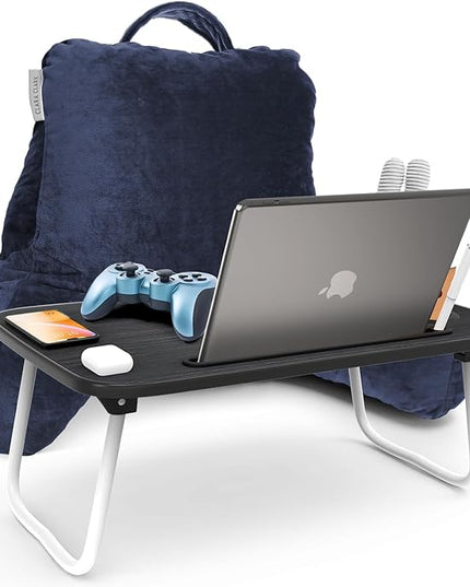 Clara Clark Reading Pillow with Portable Lap Desk Set for Kids, Back Pillow for Sitting Up in Bed, Memory Foam Back Support Pillow, Bed Rest Pillow with Foldable Laptop Desk, Small - Navy Blue - LeafyLoom