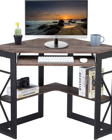 VECELO Corner Computer Desk Writing Smooth Keyboard Tray & Storage Shelves,Compact Home Office Triangle Table, Rustic Natural Brown - LeafyLoom