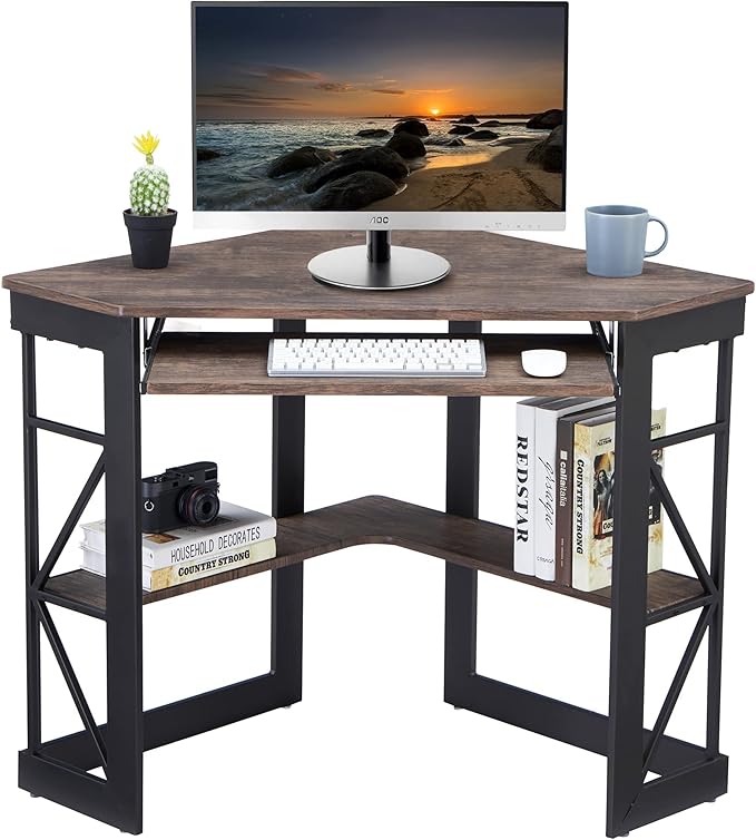 VECELO Corner Computer Desk Writing Smooth Keyboard Tray & Storage Shelves,Compact Home Office Triangle Table, Rustic Natural Brown - LeafyLoom