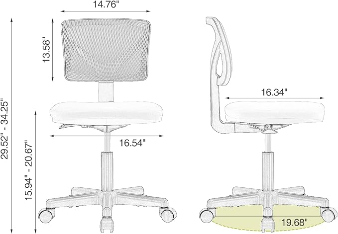Home Office Chair Mesh Armless Computer Desk Chair Ergonomic Task Rolling Swivel Chair Adjustable Modern Chair with Lumbar Support, Green - LeafyLoom