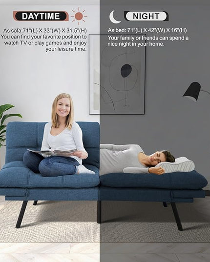 MUUEGM Futon Sofa Bed Convertible Memory Foam Sleeper Couch,Modern Loveseat for Living Room,Small Compact Space,Dorm,Office,Adjustable Armrests Backrest Sofabed, Linen Blue - LeafyLoom