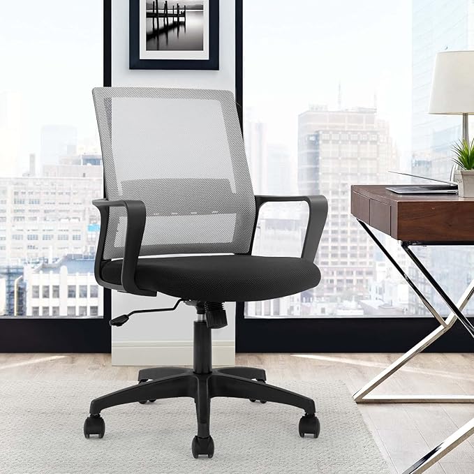 Office Chair Ergonomic Desk Task Chair Mesh Computer Chair Mid-Back Mesh Home Office Swivel Chair Modern Executive Chair with Wheels Armrests Lumbar Support (Grey) - LeafyLoom