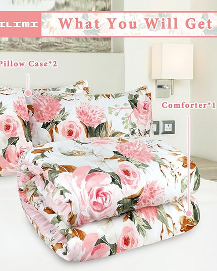 DILIMI King Size Comforter Set, 3 Pieces King Comforter Set, Reversible Pink Floral Comforter King Size, Ultra Soft and Fluffy Bedding Comforter Sets with Comforter, 2 Pillowcase - LeafyLoom