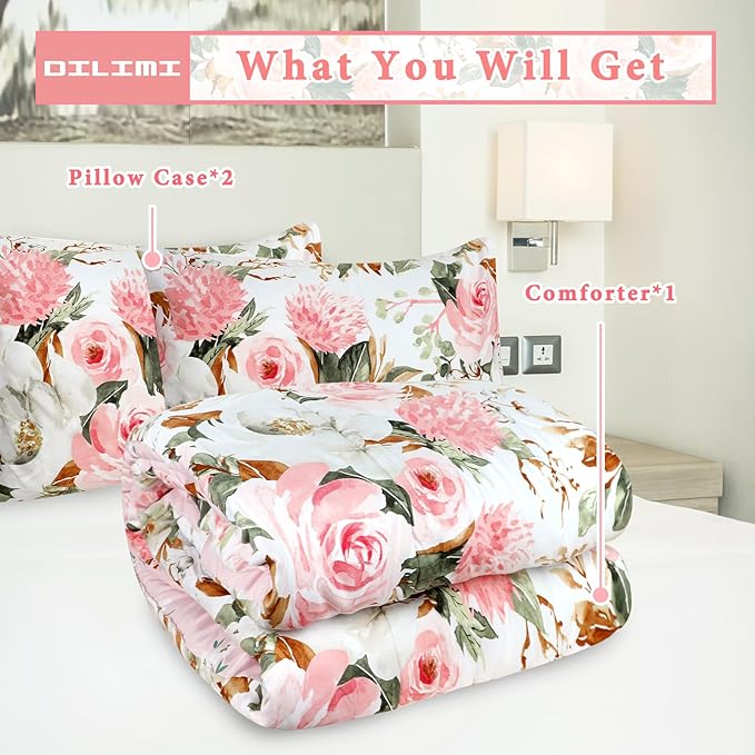 DILIMI King Size Comforter Set, 3 Pieces King Comforter Set, Reversible Pink Floral Comforter King Size, Ultra Soft and Fluffy Bedding Comforter Sets with Comforter, 2 Pillowcase - LeafyLoom