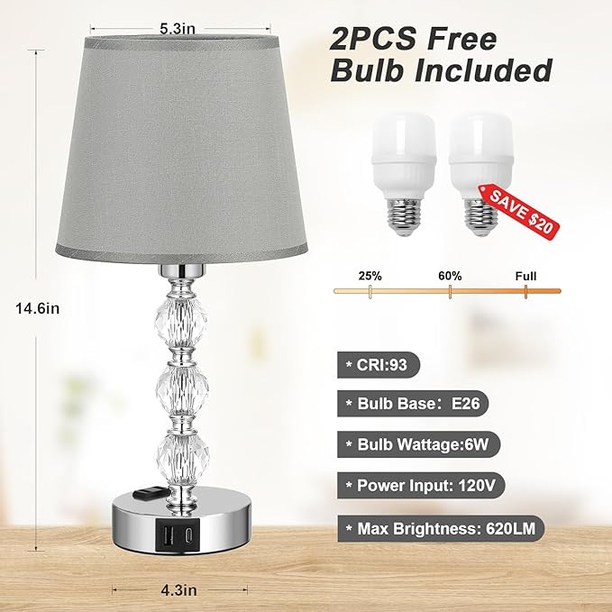 Acaxin Lamps for Bedrooms Set of 2 Nightstand- Crystal Table Lamps with USB C+A Ports & AC Outlet for Charging, 3 Way Dimmable Touch Silver Small Bed Side Table Lamp for Living Room/Guest Room - LeafyLoom