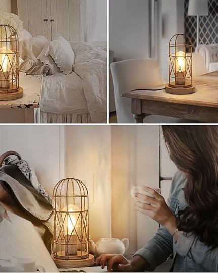 Touch Control Table Lamp Small Lamp for Small Spaces 3 Way Dimmable Nightstand Lamp Farmhouse Bedside Lamp for Bedroom Living Room, Simple Desk Lamp with Brushed Rustic Wood Cage Shade, Bulb Included - LeafyLoom