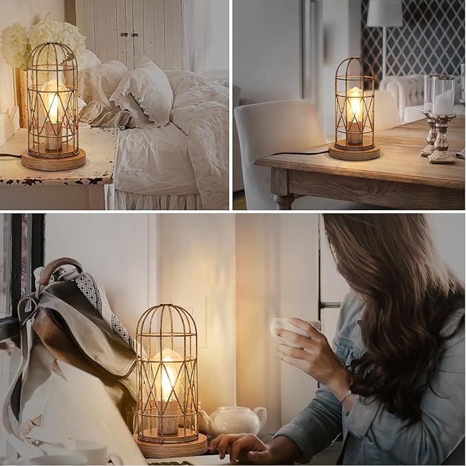 Touch Control Table Lamp Small Lamp for Small Spaces 3 Way Dimmable Nightstand Lamp Farmhouse Bedside Lamp for Bedroom Living Room, Simple Desk Lamp with Brushed Rustic Wood Cage Shade, Bulb Included - LeafyLoom