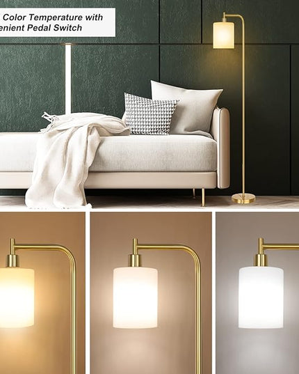 QiMH Floor Lamps for Living Room, Modern LED Standing Reading Light for Bedroom with Glass Shade, Tall Gold Industrial 3 Colors Dimmable Pole Lamp with Foot Control for Home Office Corner Decor - LeafyLoom
