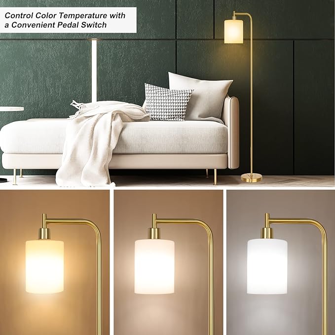 QiMH Floor Lamps for Living Room, Modern LED Standing Reading Light for Bedroom with Glass Shade, Tall Gold Industrial 3 Colors Dimmable Pole Lamp with Foot Control for Home Office Corner Decor - LeafyLoom