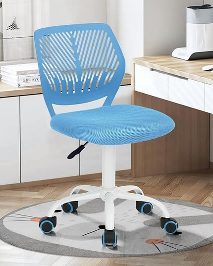 FurnitureR Desk Chair Small Study Chairs Armless for Child Kids Teens, Swivel Rolling Lightweight Task Chair with Wheels and Mesh Padded Cushion, Blue - LeafyLoom