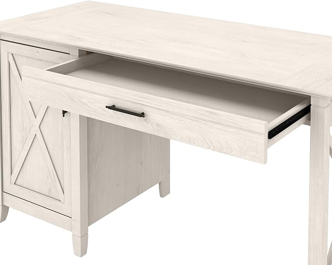 Bush Furniture Key West Computer Desk with Storage | Farmhouse PC Table for Home Office in Linen White Oak | 54W x 24D - LeafyLoom