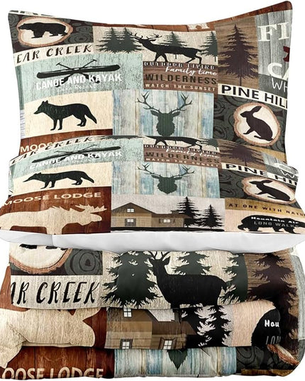 LUVIVIHOME 2PCS Black Bear Moose Deer Comforter Set, Twin Comforter, Pine Tree Woodland Rabbit Wolf Forest Animal Wildlife Hunting Cabin Lodge Vintage Country Rustic Farmhouse Bedding, 1 Pillow Sham - LeafyLoom