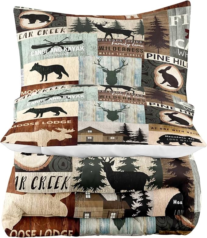 LUVIVIHOME 2PCS Black Bear Moose Deer Comforter Set, Twin Comforter, Pine Tree Woodland Rabbit Wolf Forest Animal Wildlife Hunting Cabin Lodge Vintage Country Rustic Farmhouse Bedding, 1 Pillow Sham - LeafyLoom