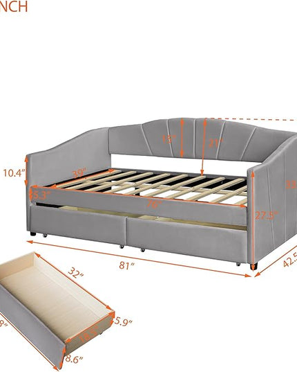 Twin Size Upholstered Daybed with Two Drawers, Wood Slat Support Sofa Bed with Armrest, No Box Spring Needed, Easy to Assemble, for Studio, Bedroom, Living, Guest Room, Gray - LeafyLoom