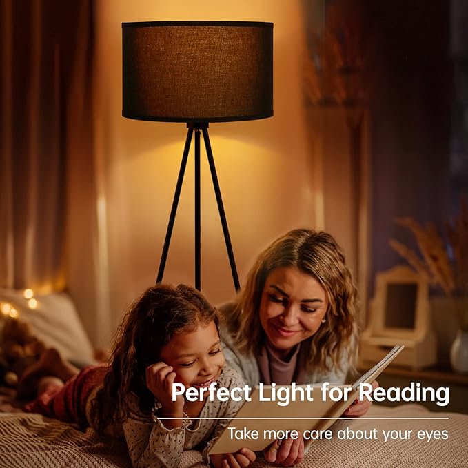 BoostArea Floor Lamp for Living Room, Tripod Floor Lamp, 15W LED Bulb, 3 Levels Dimmable Brightness, Black Linen Lamp Shade, Mid Century Standing Lamp for Living Room, Bedroom, Study Room and Office - LeafyLoom