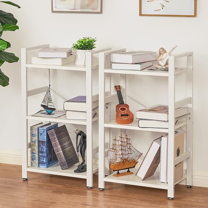 BEWISHOME 3 Tier Bookshelf, White Small Bookshelf for Small Spaces, Short Wooden Storage Bookcase with Metal Frame for Bedroom Living Room and Home Office JCJ62W - LeafyLoom