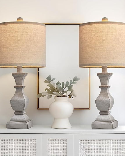 PoKat 20.5'' Table Lamps Set of 2, Vintage Bedside Lamps for Bedroom, Farmhouse Lamp for Living Room, Small Lamp for Nightstand, Retro Side Table Lamp, Grey - LeafyLoom
