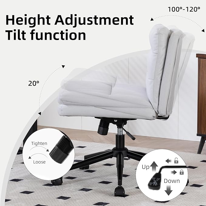 Armless Office Chair with Wheels Wide Desk Chair Leather Mid Back Accent Chair Padded Swivel Vanity Chair for Girl Women Computer Task Chair for Home Office (Suede Fabric, Light Grey) - LeafyLoom
