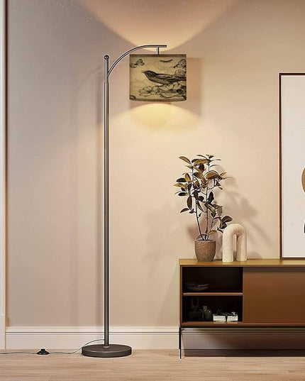 Modern Arc Floor Lamp with Dimmer Mid Century Vintage Birds Roses Butterflies Metal Standing Lamp with Linen Shade Footswitch for Living Room Bedroom Office - LeafyLoom
