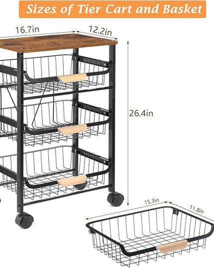 HEOMU Rolling Storage Cart, 4 Tier Kitchen Island Cart on Wheels with Pull-Out Baskets and Wood Top, Vegetable and Fruit Basket Stand for Kitchen, Living Room, Dining Room, Black - LeafyLoom
