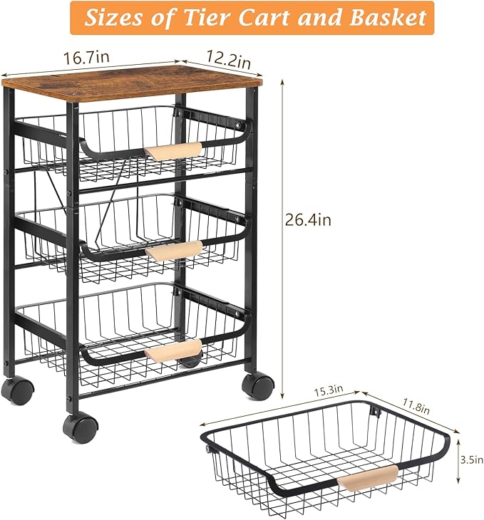 HEOMU Rolling Storage Cart, 4 Tier Kitchen Island Cart on Wheels with Pull-Out Baskets and Wood Top, Vegetable and Fruit Basket Stand for Kitchen, Living Room, Dining Room, Black - LeafyLoom