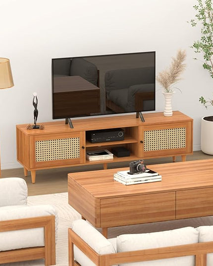 EasyCom TV Stand for 65 inch TV, Farmhouse Rattan Entertainment Center with Storage and Open Shelves, Mid Century Modern Entertainment Center with Natural Rattan Door - LeafyLoom