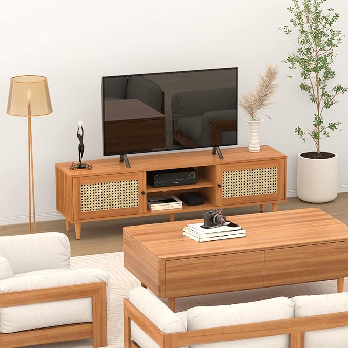 EasyCom TV Stand for 65 inch TV, Farmhouse Rattan Entertainment Center with Storage and Open Shelves, Mid Century Modern Entertainment Center with Natural Rattan Door - LeafyLoom