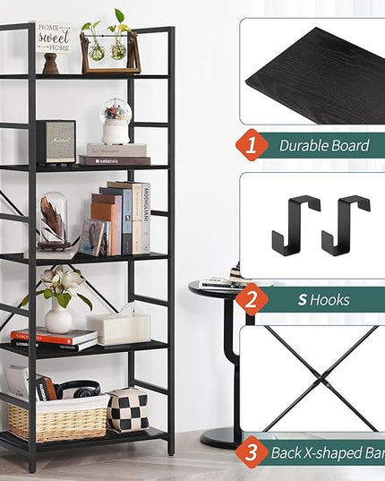 Yoobure 5 Tier Bookshelf - Tall Book Shelf Modern Bookcase for CDs/Movies/Books, Rustic Book Case Industrial Bookshelves Book Storage Organizer for Bedroom Home Office Living Room Black - LeafyLoom