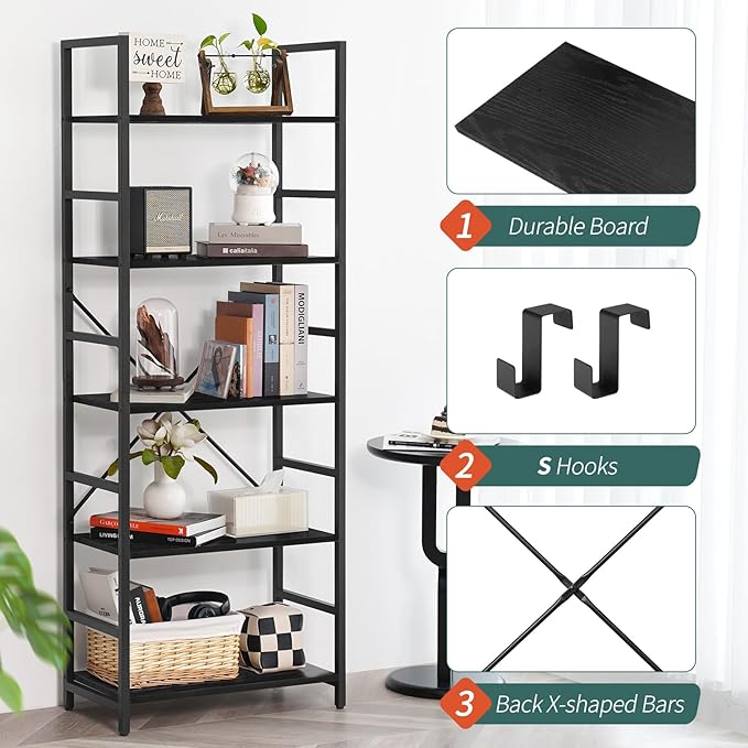 Yoobure 5 Tier Bookshelf - Tall Book Shelf Modern Bookcase for CDs/Movies/Books, Rustic Book Case Industrial Bookshelves Book Storage Organizer for Bedroom Home Office Living Room Black - LeafyLoom