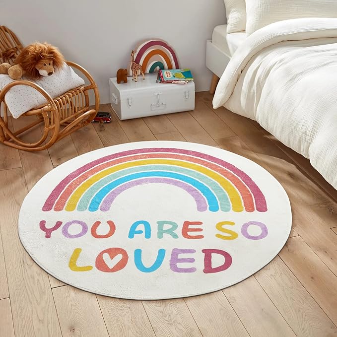 Topotdor Rainbow Round Rug for Girls Bedroom,Colorful Boho Decor Nursery Area Rug,Ultra Soft Machine Washable Kids Play Mat,47" Round - LeafyLoom
