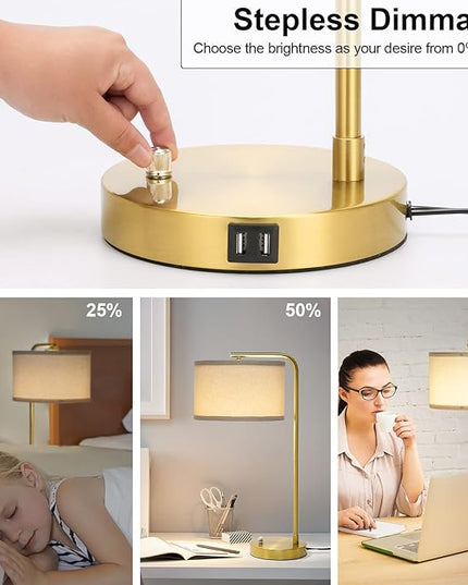 Fully Dimmable Bedside Lamp with Dual USB Ports, Mordern Gold Nightstand Lamp Desk Reading Lamp with Beige Drum Shade, Tall Side Table Lamp for Living Room Bedroom Office, 9W LED Bulb Included - LeafyLoom