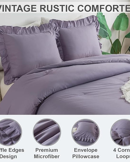 Andency Grayish Purple Comforter Set Full Size, 3 Pieces Lightweight Soft Rustic Ruffle Comforter Women Man, Solid Farmhouse Shabby Chic Microfiber Bedding Comforter Sets for All Season - LeafyLoom
