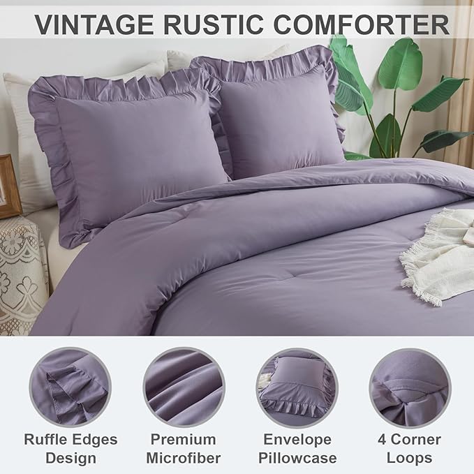 Andency Grayish Purple Ruffle Comforter Set Twin, 2 Pieces Kids Comforter Set Twin(66x90Inch), Lightweight Soft Shabby Chic Bedding Comforter Sets All Season Bed Set for bedrooms - LeafyLoom