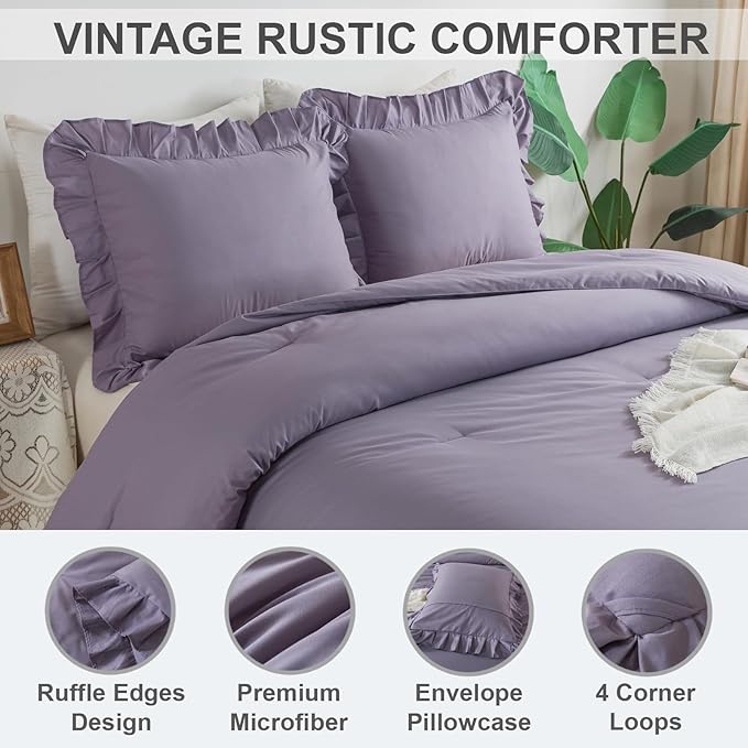 Andency Grayish Purple Ruffle Comforter King, 3 Pieces Solid Farmhouse Shabby Chic Comforter, Lightweight Soft Microfiber Vintage Rustic Bedding Sets All Season (104x90Inch Comforter) - LeafyLoom