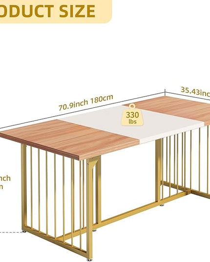 DWVO 70.8" Large Kitchen Dining Table for 6-8 People, Modern Rectangular Wood Dinner Table, Rustic Kitchen Table with Heavy Duty Metal Gold Legs for Dining Room - LeafyLoom