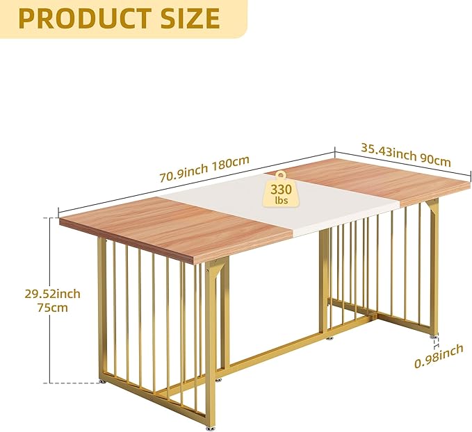 DWVO 70.8" Large Kitchen Dining Table for 6-8 People, Modern Rectangular Wood Dinner Table, Rustic Kitchen Table with Heavy Duty Metal Gold Legs for Dining Room - LeafyLoom