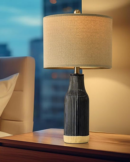 23.75" Modern Blue Ceramic Table Lamp Set of 2 for Living Room, Farmhouse Bedside Nightstand Lamp for Bedroom Home Office Dorm - LeafyLoom