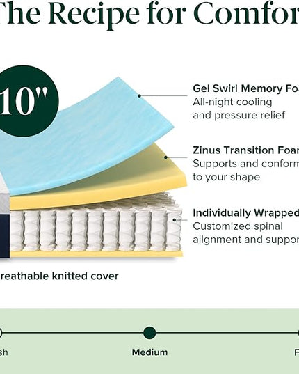 ZINUS 10 Inch Cooling Comfort Hybrid Mattress [New Version], King, Fiberglass Free, Medium Firm Feel, Motion Isolation, Certified Safe Foams & Fabric, Mattress in A Box - LeafyLoom