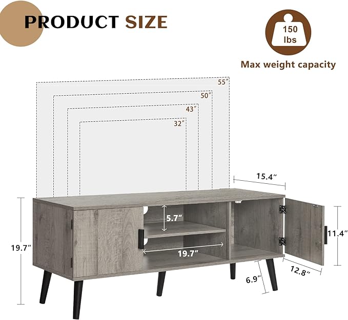 Iwell TV Stand for 55 inch TV, Entertainment Center with Storage and Open Shelf, TV Console, TV Stands for Living Room, Bedroom, Grey - LeafyLoom