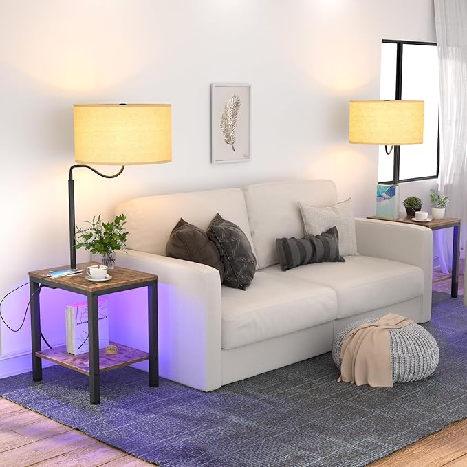 LED Floor Lamp with Table, Rustic Brown Side Table with LED Light and Power Outlet, Nightstand with Lamp, End Table with Lamp Attached for Living Room Bedroom, USB Ports, Bulb Included, 2 Pack - LeafyLoom