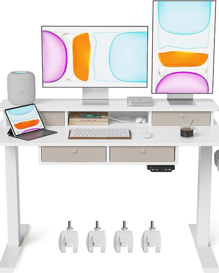 BANTI Height Adjustable Electric Standing Desk with 4 Drawers, 48 x 24 Inch Table with Storage Shelf, Sit Stand Desk, White Top - LeafyLoom